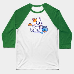 Cute Cat Holding Fish Cartoon Baseball T-Shirt